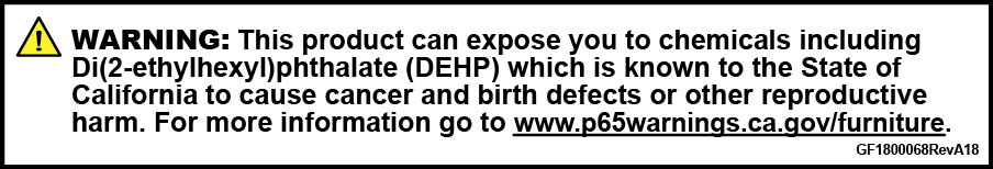 Warning: This product can expose you to chemicals including Di(2-ethylhexyl)phthalate (DEHP) which is known to the state of California to cause cancer and birth defects or other reproductive harm. www.p65warnings.ca.gov/products/furniture-products